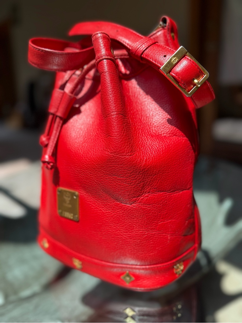 MCM Red Leather Drawstring Bucket Crossbody Bag Gold Hardware EUC Dust bag - Picture 2 of 15